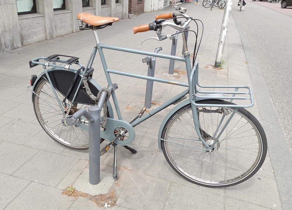 A bicycle parked at a bicycle stand of the 'fixed bollard' type