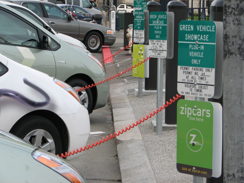 Three plug-in converted Toyota Prius cars recharging at San Francisco City Hall public charging station.