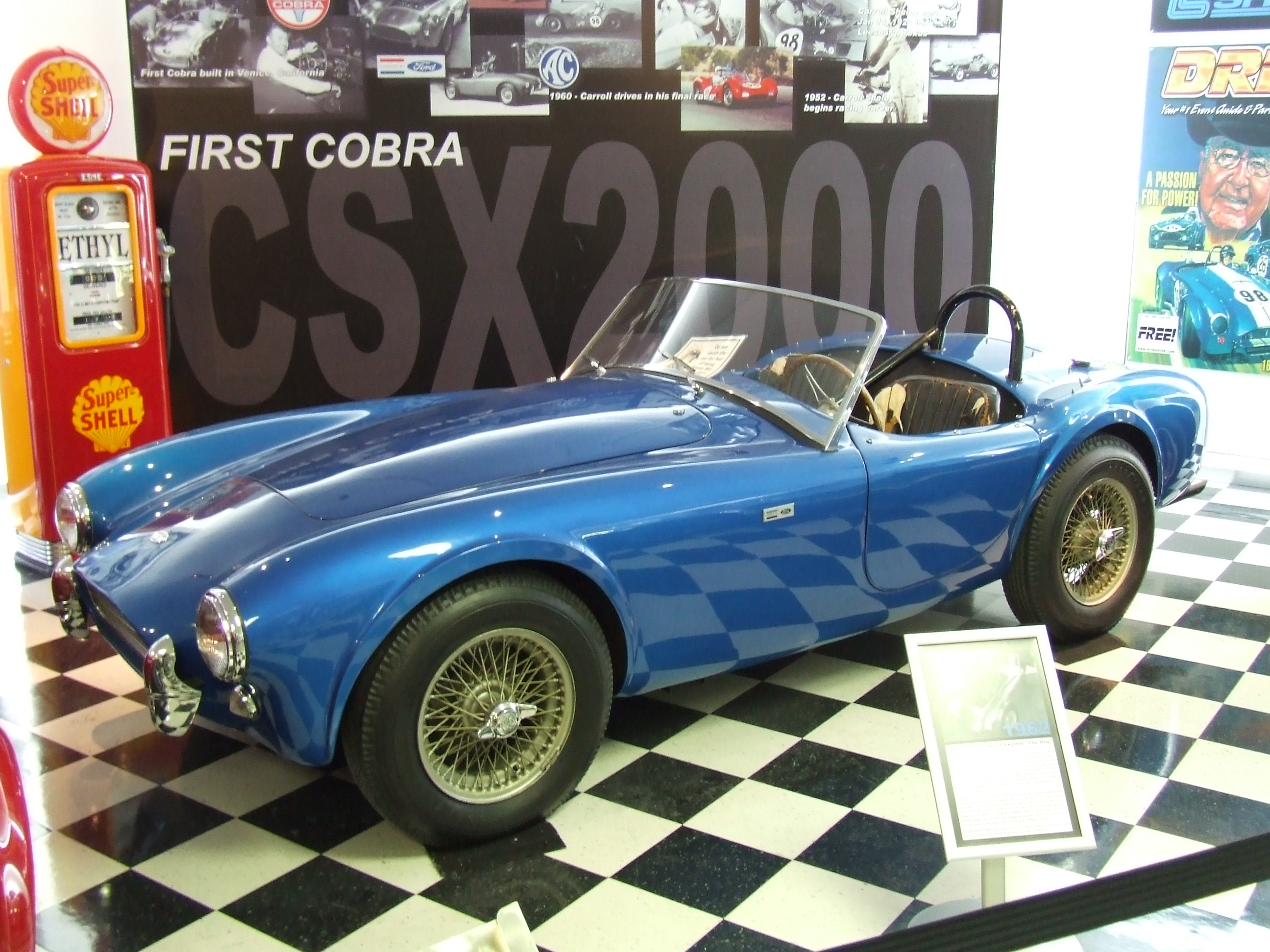 A blue 1962 Shelby AC Cobra CSX2000 in Shelby American Museum