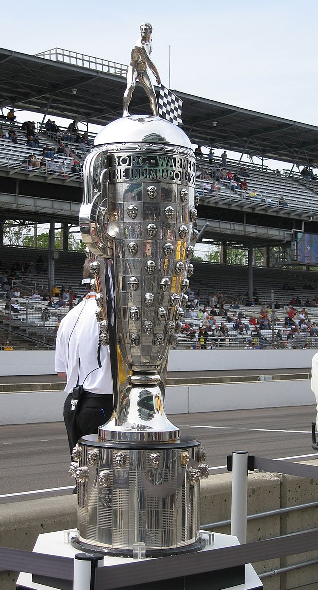 the borg-warner trophy on display in the pits of the Indianapolis motor speedway during indy 500 qualifications