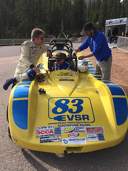 Rick Knoop, Tim O’Neil, and Charlie Greenhaus with an EVSR electric race car by Entropy Racing at Pikes Peak in 2015