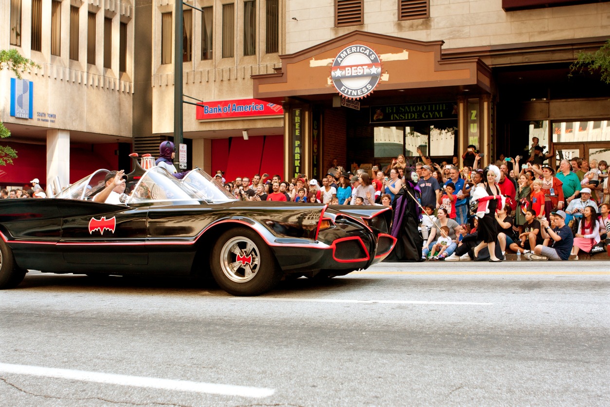 Batman rides in Batmobile during Atlanta Dragon Con Parade
