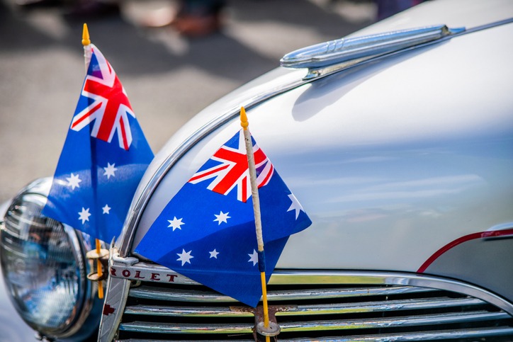a classic car with Australian flag