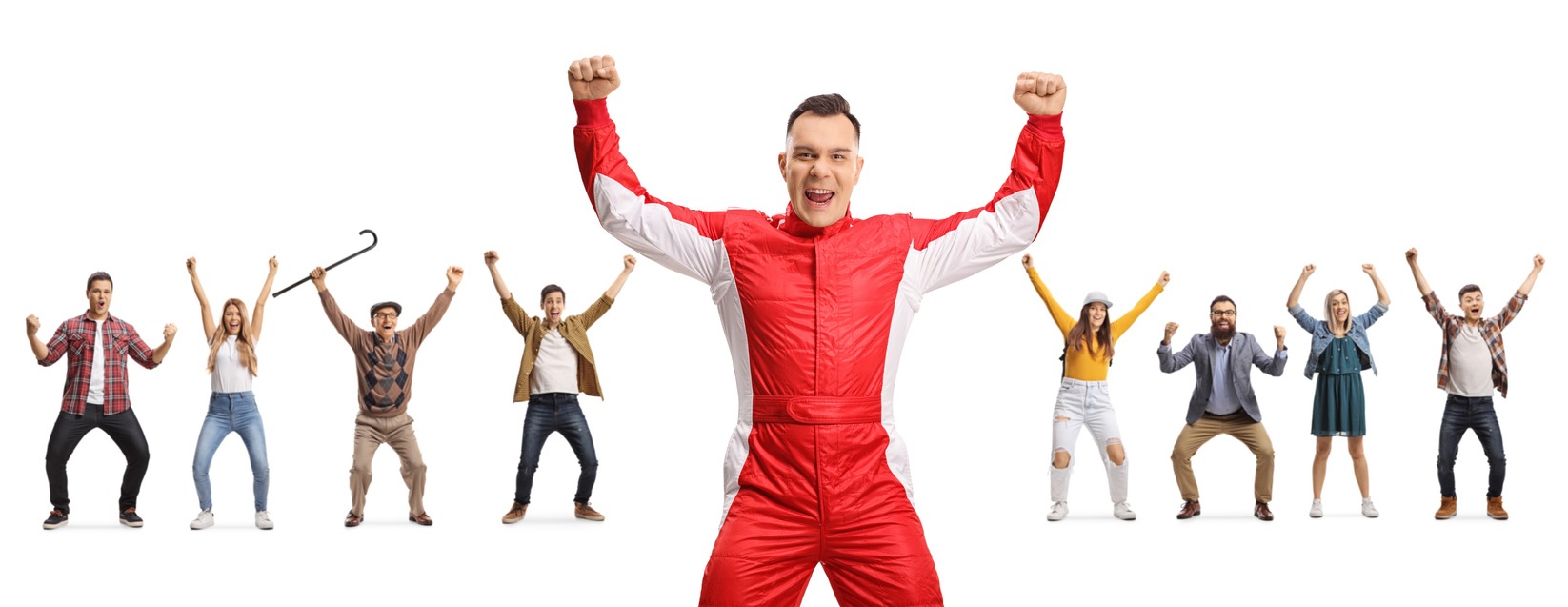 a racer celebrating with other people raising arms on the background
