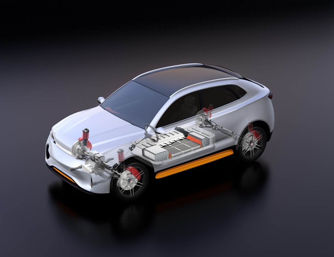 transparent view of electric SUV car with suspension, steering system and battery package