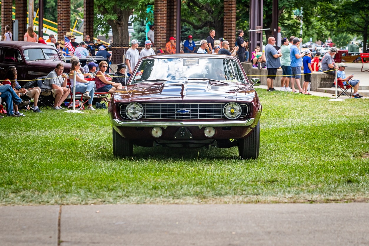 wide angle front view of a 1969 Chevrolet Camaro ZL1 at a car show