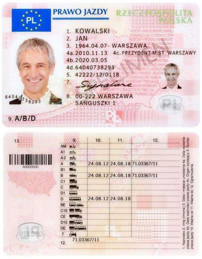 Specimen of new polish driving license prepared by Ministry of Transport containing new categories according to the Vehicle Drivers Act
